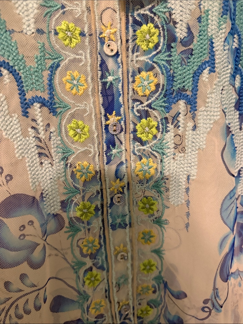 Johnny Was Sheer Blue Floral Embroidered Button-Down Shirt - Picture 8 of 10